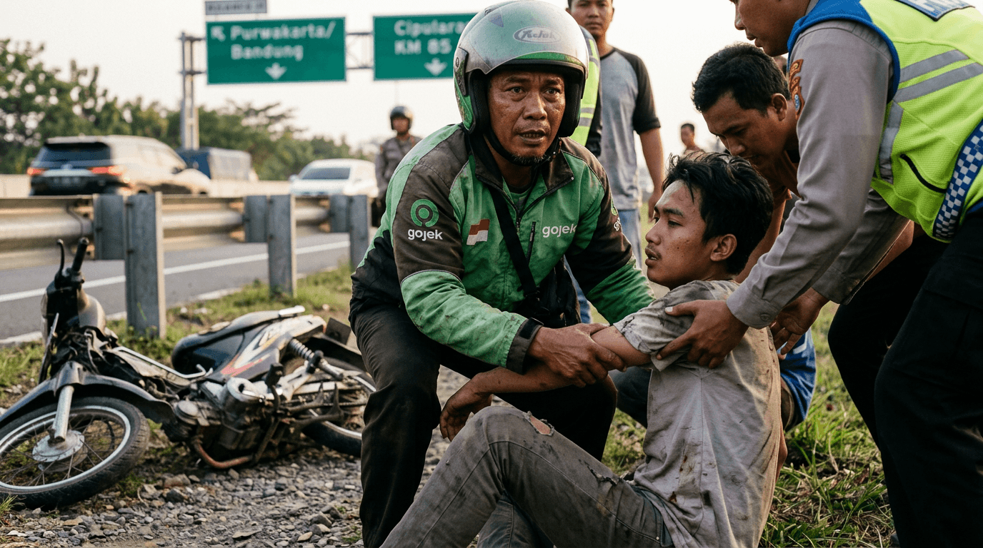 Aksi Heroik Ojol Bantu Evakuasi Korban Tabrak Lari di Tol Cipularang