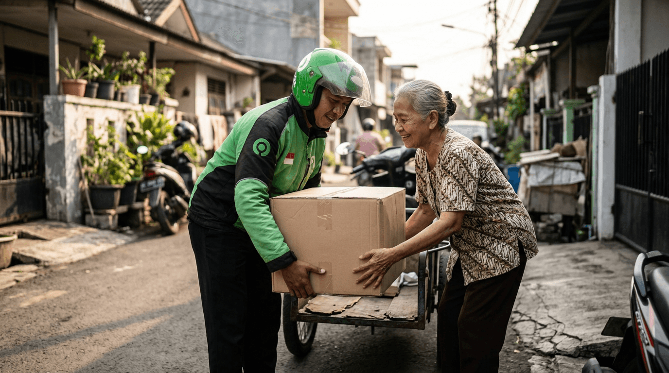 Viral! Aksi Sopir Ojol Bantu Janda Tua Angkat Barang Bikin Netizen Terharu