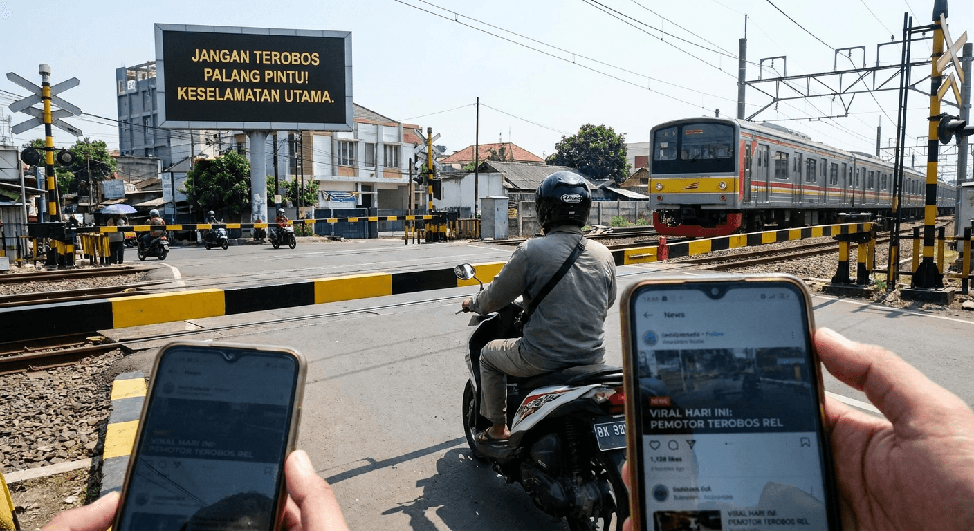Kronologi Pemotor Terobos Rel Kereta Api Viral