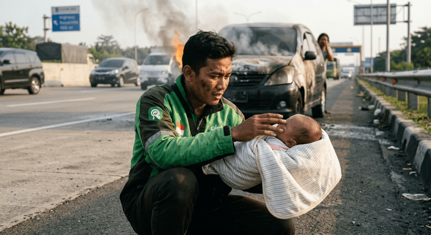 Driver Ojol Selamatkan Bayi dari Mobil Terbakar di Jalan Tol!