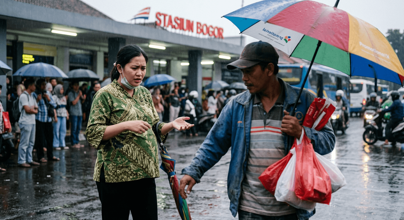 Viral! Detik-detik Tukang Ojek Payung Tega Tipu Ibu Hamil di Stasiun Bogor