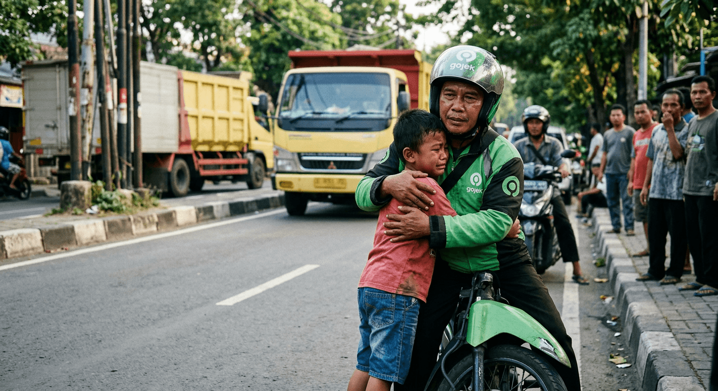 Driver Ojol Selamatkan Anak Kecil dengan Aksi Heroik Tabrak Truk