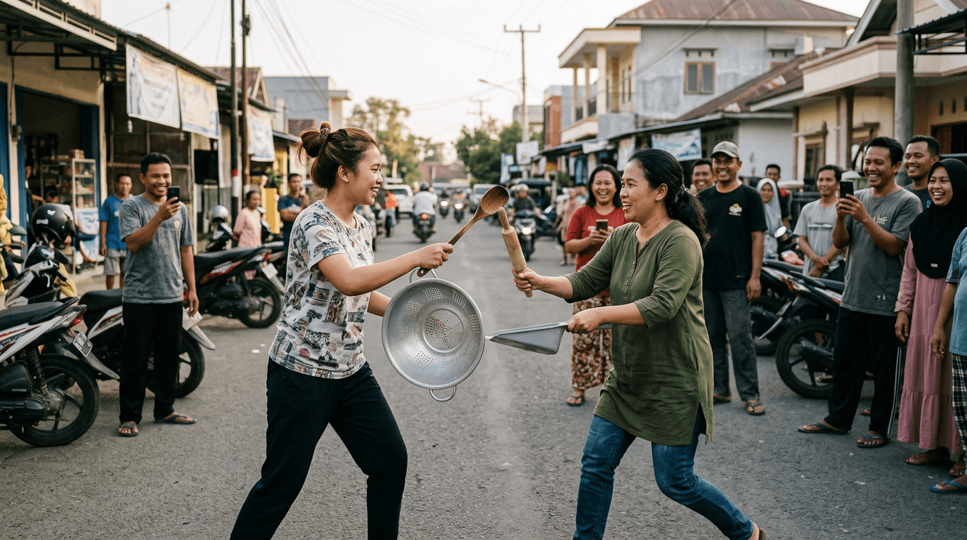 Heboh! Video Wanita Duel Gladiator di Tengah Jalan Bikin Netizen Terpingkal