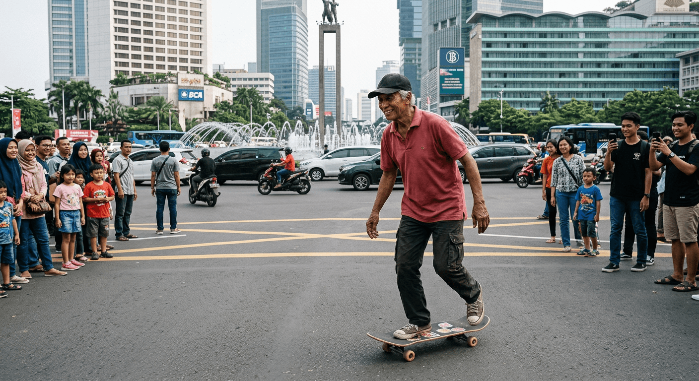 Viral! Kakek 70 Tahun Main Skateboard di Bundaran HI Bikin Netizen Terpukau
