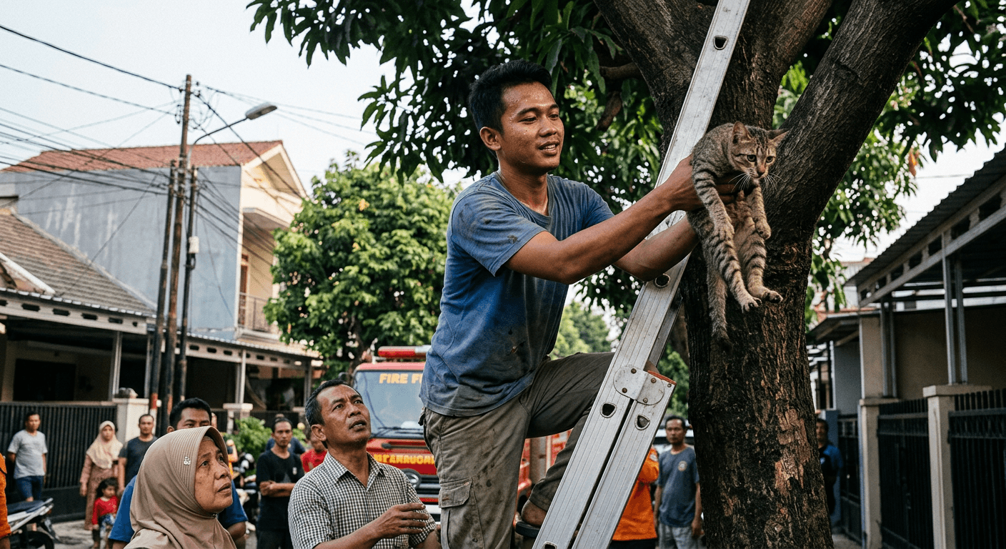 Viral! Aksi Warga Jakarta Selamatkan Kucing Terjebak di Pohon Tinggi