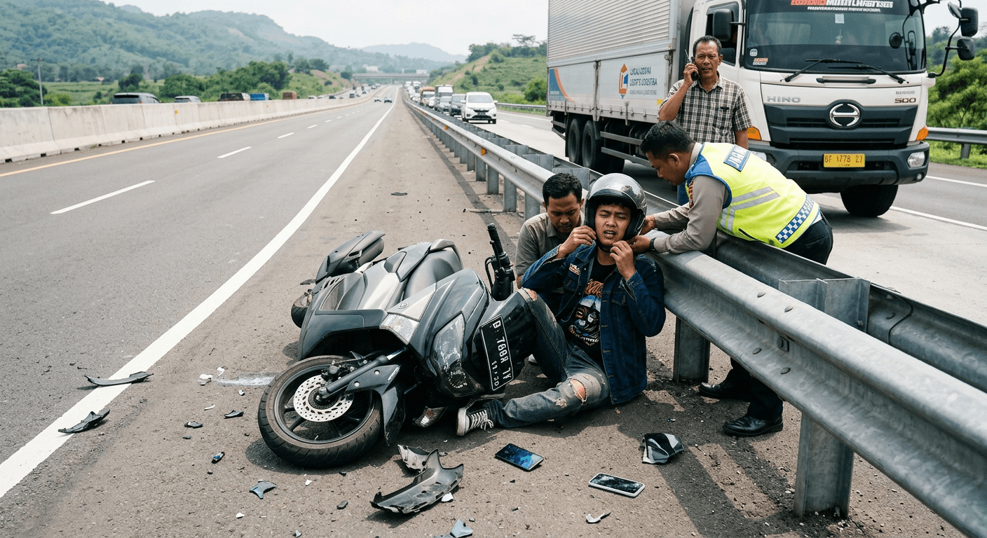 Viral! Aksi Pemotor Tabrak Truk Saat Live TikTok di Tol Cipularang