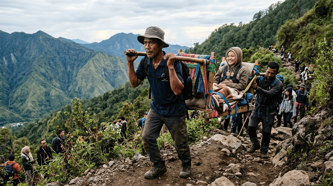 Momen Haru Ayah Bawa Putrinya yang Lumpuh Naik Gunung dengan Tandu