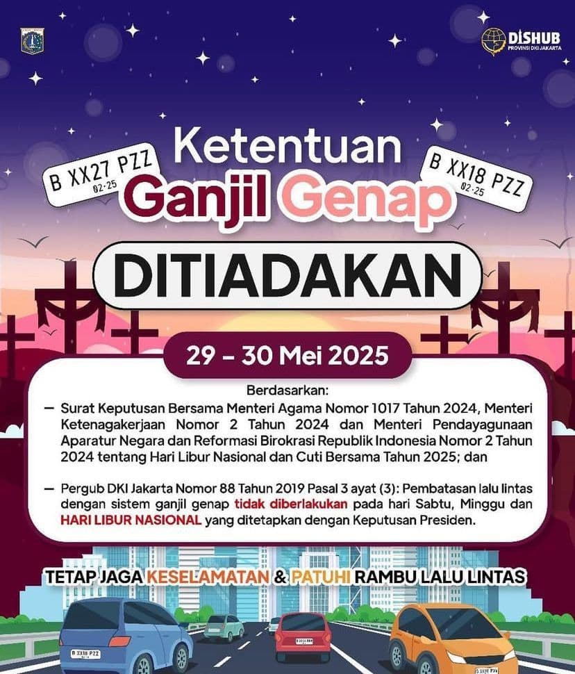 Ganjil-Genap Jakarta Ditiadakan pada 29-30 Mei 2025, Pengendara Bisa Melintas Bebas