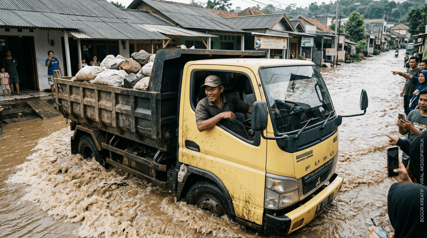 Viral! Aksi Sopir Truk Tanggulangi Banjir Bandang di Bogor dengan Trik Kreatif