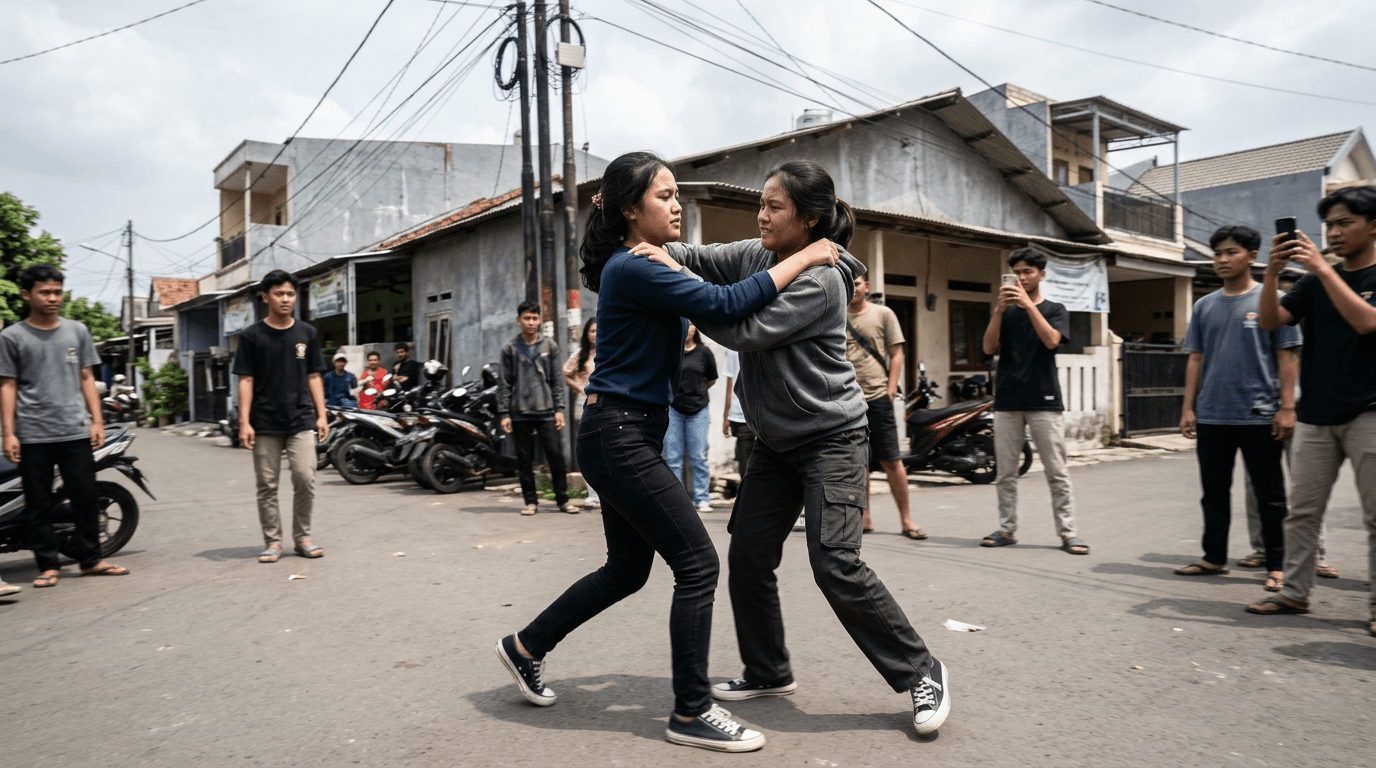 Viral! Aksi Gladiator Dua Wanita di Tengah Jalan Bikin Netizen Heboh