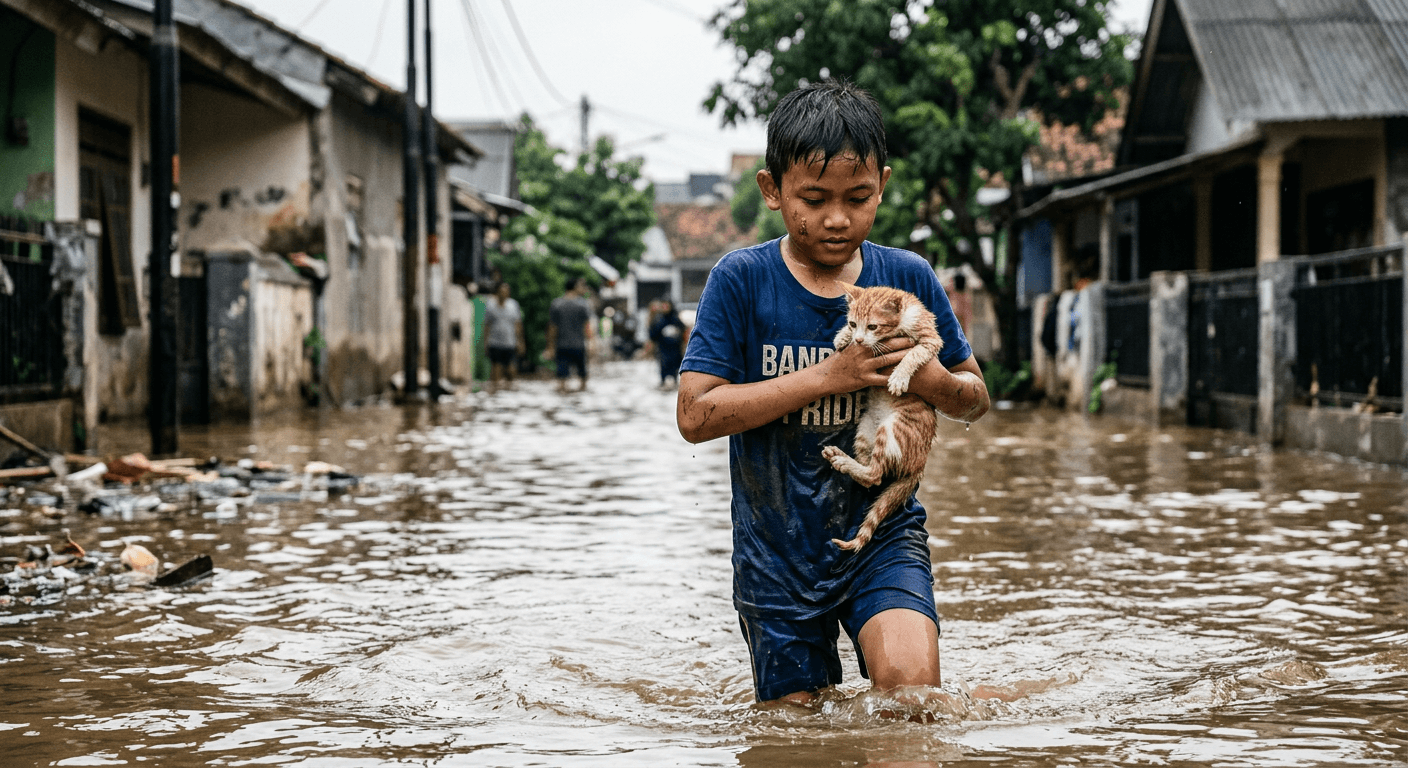 Viral Aksi Heroik Bocah Selamatkan Kucing dari Banjir Bandung