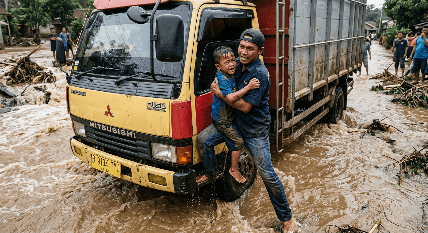 Heboh! Video Aksi Heroik Supir Truk Selamatkan Anak dari Banjir Bandang Viral di Medsos